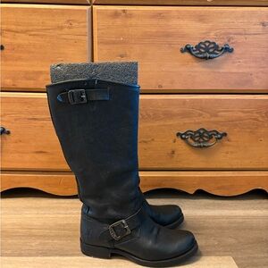 Frye Black Knee-High Leather Boots with Buckles